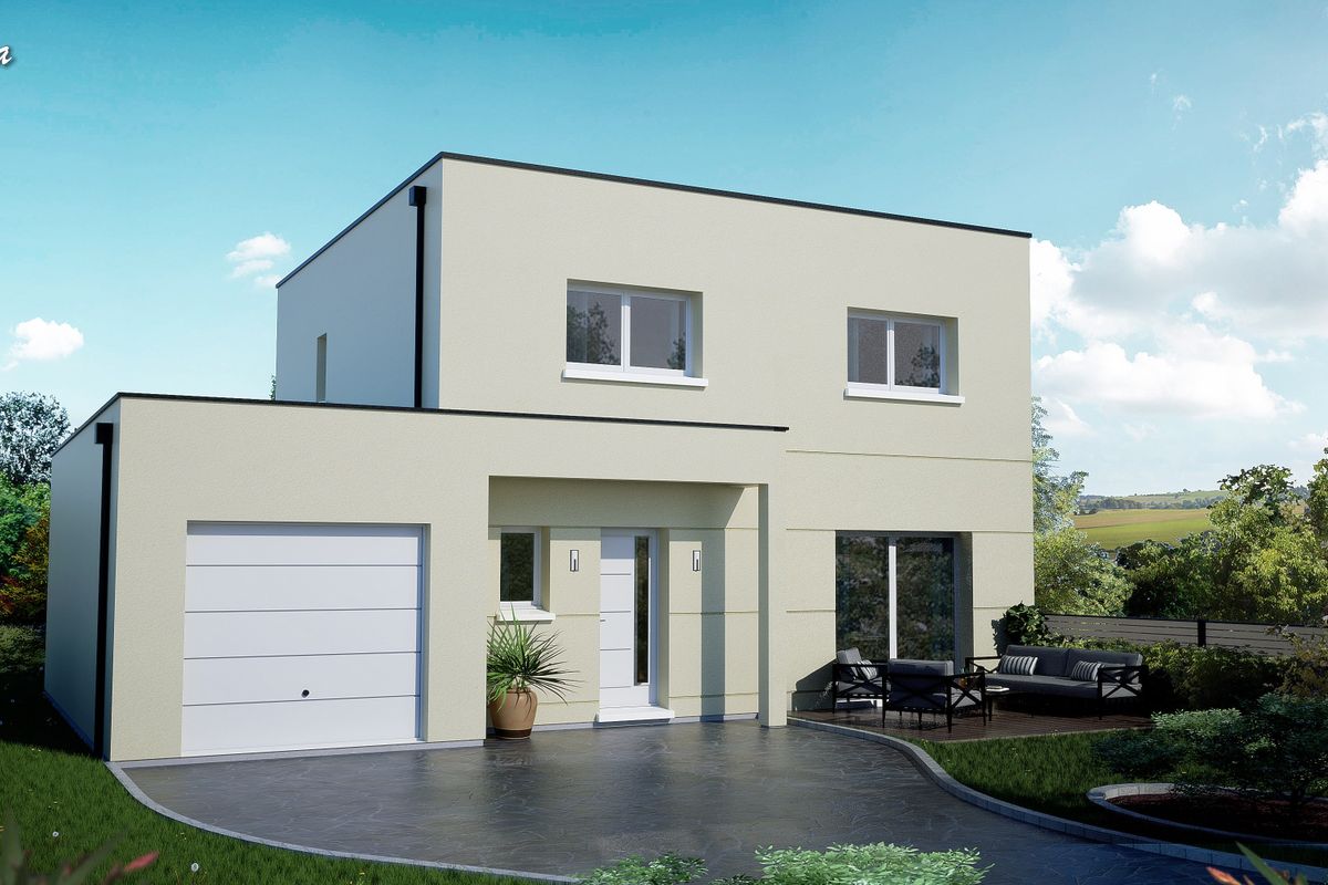 Gamme EMMA : maison cubique moderne à toit plat avec garage intégré